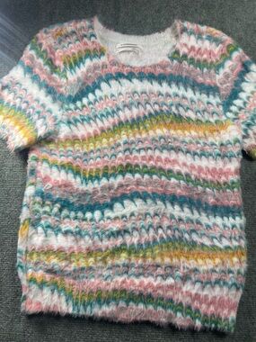 Anthropologie Fuzzy Multicolor Patterned Sweater - Pink, Teal, White